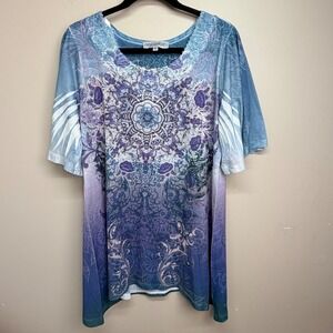 Closet Full Womens XL Blue Purple Mandala Rhinestone Lace Trim Tunic Top